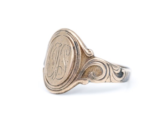 14k Gold Antique Scroll Edged Signet Ring, Monogrammed, Size 6.25