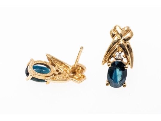 10k Yellow Gold Blue Sapphire Earrings, App. 1.06 TCW, Topped With White Sapphires