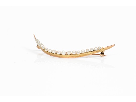 10k Yellow Gold Vintage Seed Pearl Half Moon Brooch