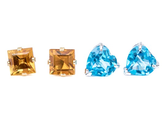 14k Gold Collection Of Delicate Stud Earrings, Citrine And Blue Topaz Set