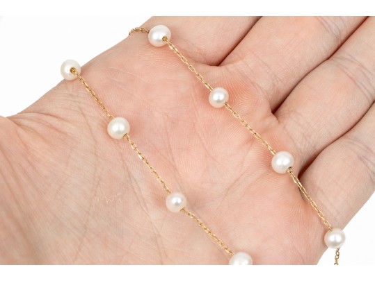 14k Yellow Gold Pretty Cultured White Freshwater Pearl Tin Cup Style Necklace