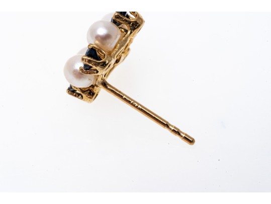 14k Yellow Gold Striking Cultured Pearl Blue Sapphire And Diamond Cluster Earrings