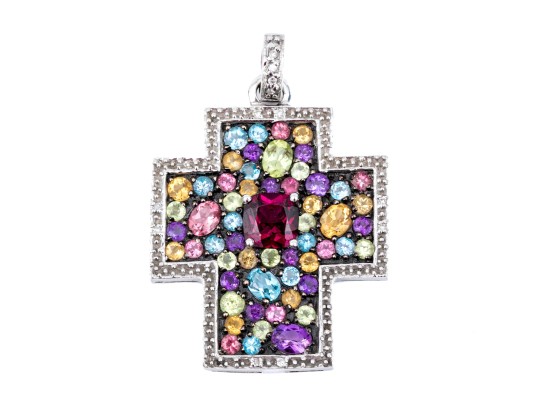 14k Yellow Gold Beautiful Chunky Multi Stone Cross Pendant