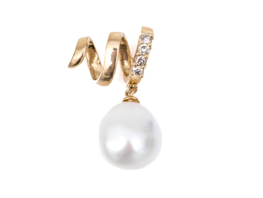 14K Diamond And Suspended Pearl Wrap Bale Pendant