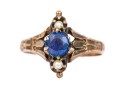 14k Gold Lovely Antique Seed Pearl And Blue Glass Ring, Size 6.5