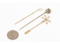 14k Yellow Gold Collection Of Three Vintage Stick Pins, Diamond And Cultured Pearl Motifs
