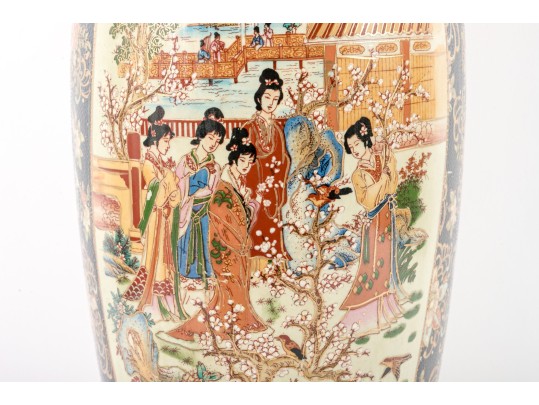 Chinese Ceramic Floor Vase Depicting Beautiful Women Around Flowering Trees