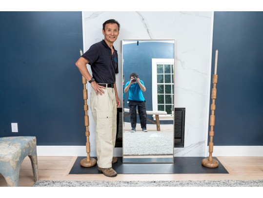 Sleek Beveled Mirror Floor Mirror With Metallic Frame