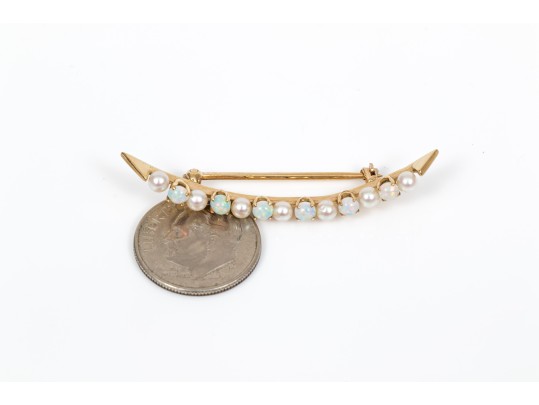 14k Yellow Gold Beautiful Vintage Seed Pearl And Opal Half Moon Brooch