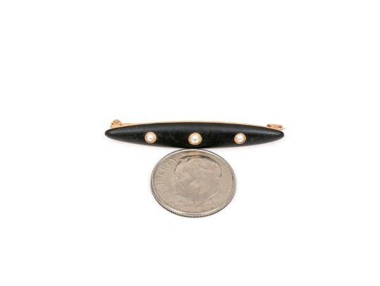 14k Yellow Gold Handsome Vintage Black Enamel And Seed Pearl Bar Pin