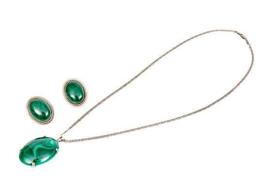 Pair Of Striking Sterling Malachite Jewelry Pieces, Assorted Motifs