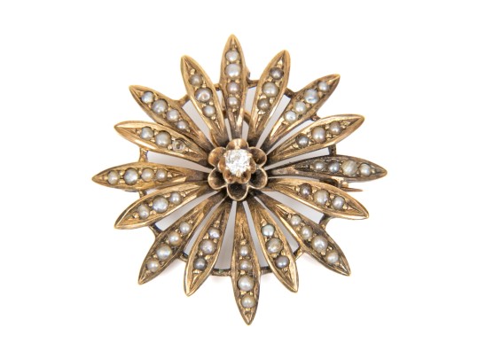 14k Yellow Gold Pretty Antique Flower Motif Seed Pearl Pin/pendant, With Diamond