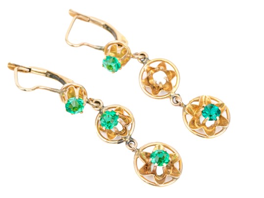 14k Yellow Gold Pretty Green Cz Drop Earrings