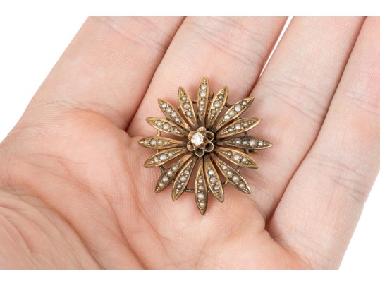 14k Yellow Gold Pretty Antique Flower Motif Seed Pearl Pin/pendant, With Diamond