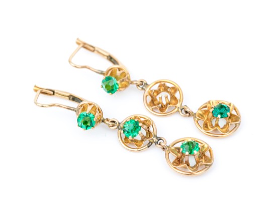 14k Yellow Gold Pretty Green Cz Drop Earrings