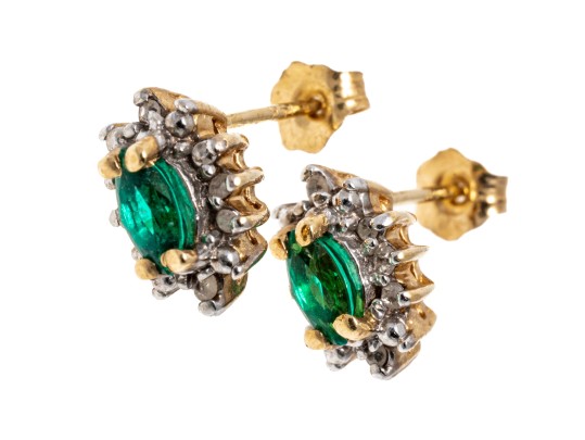 14k Yellow Gold Emerald And Diamond Halo Earrings, 10k Clutches