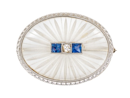 14k White Gold Beautiful Vintage Rock Crystal Quartz And Diamond Brooch