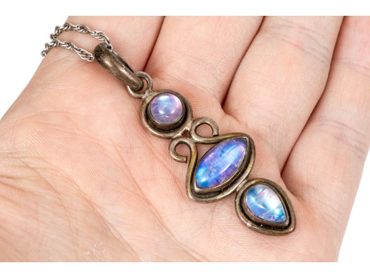 Sterling Silver Cable Chain Necklace With A Beautiful Moonstone Stacked Pendant