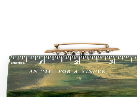 14k Gold Beautiful Vintage Sapphire And Seed Pearl Bar Pin, App. 0.50 TCW