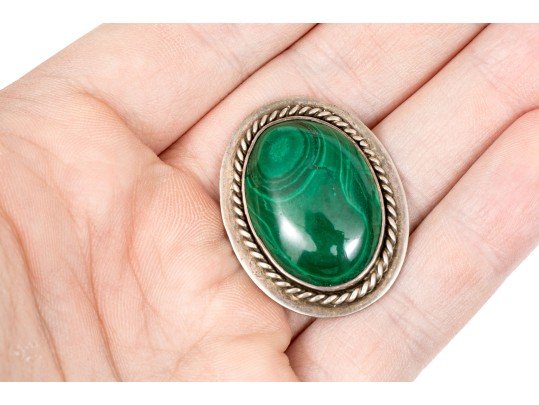Pair Of Striking Sterling Malachite Jewelry Pieces, Assorted Motifs