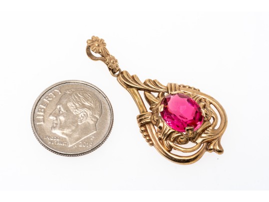 10k Yellow Gold Vintage Foliate And Swirl Pendant, With Glass