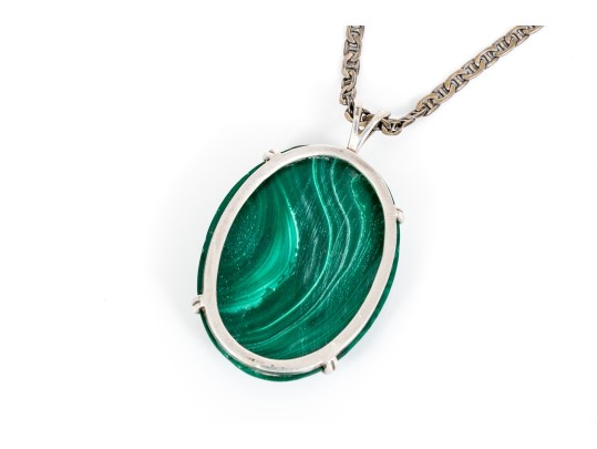 Pair Of Striking Sterling Malachite Jewelry Pieces, Assorted Motifs