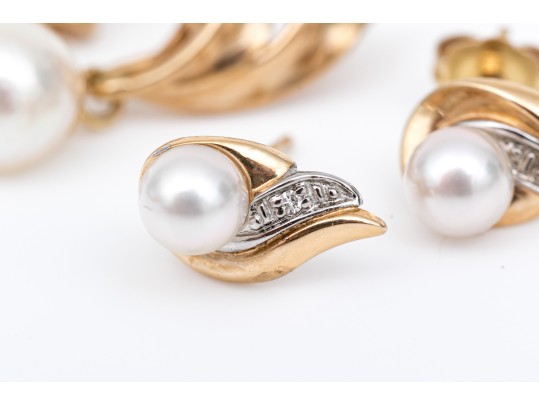 14k And 10k Gold Set Of Cultured Pearl Earrings