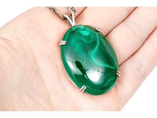 Pair Of Striking Sterling Malachite Jewelry Pieces, Assorted Motifs