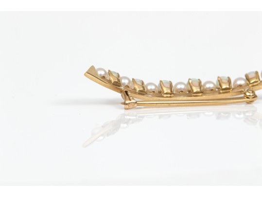 14k Yellow Gold Beautiful Vintage Seed Pearl And Opal Half Moon Brooch