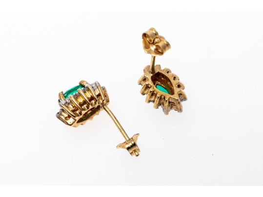 14k Yellow Gold Emerald And Diamond Halo Earrings, 10k Clutches