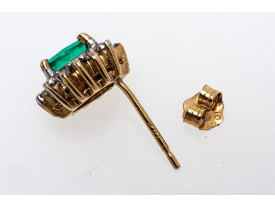 14k Yellow Gold Emerald And Diamond Halo Earrings, 10k Clutches