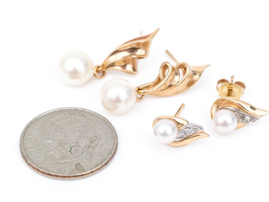 14k And 10k Gold Set Of Cultured Pearl Earrings