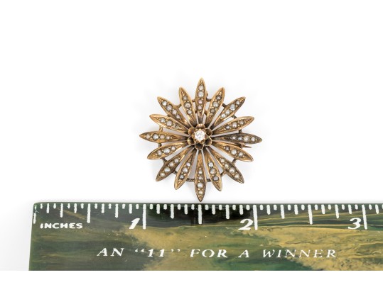 14k Yellow Gold Pretty Antique Flower Motif Seed Pearl Pin/pendant, With Diamond