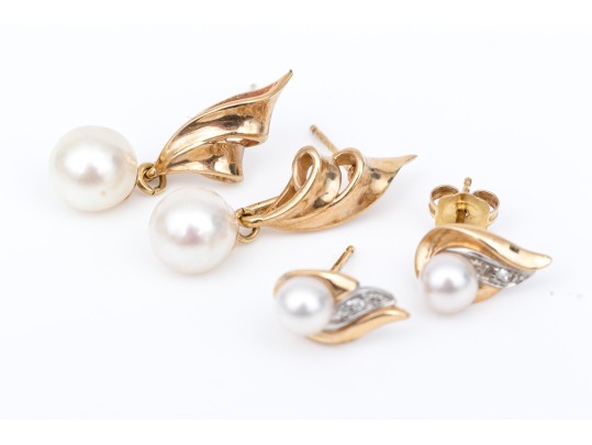 14k And 10k Gold Set Of Cultured Pearl Earrings
