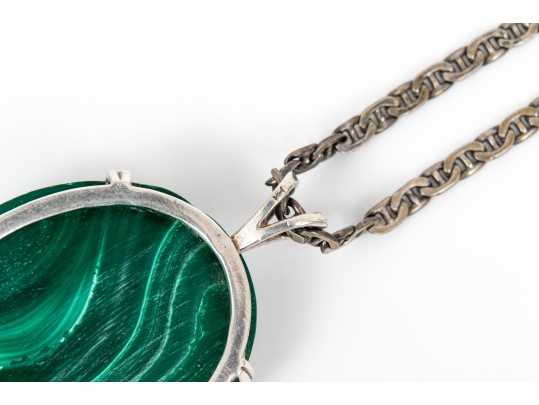 Pair Of Striking Sterling Malachite Jewelry Pieces, Assorted Motifs