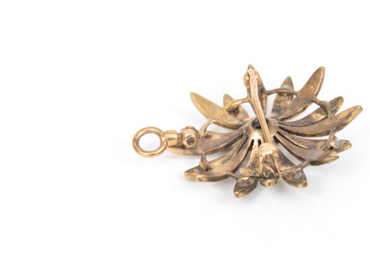 14k Yellow Gold Pretty Antique Flower Motif Seed Pearl Pin/pendant, With Diamond