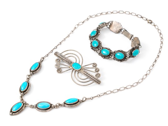 Lot Of Striking Turquoise Blue Color Southwestern Style Sterling Silver Jewelry Pieces