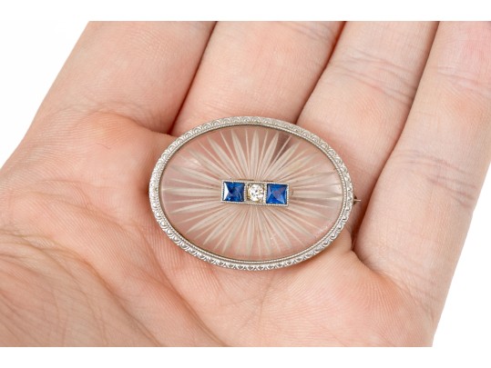 14k White Gold Beautiful Vintage Rock Crystal Quartz And Diamond Brooch