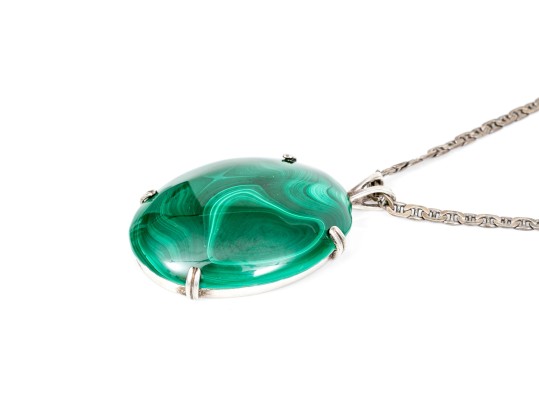 Pair Of Striking Sterling Malachite Jewelry Pieces, Assorted Motifs