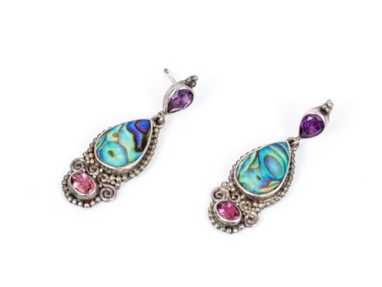 Pair Of Beautiful Sterling Silver And Abalone Jewelry Pieces, Assorted Motifs