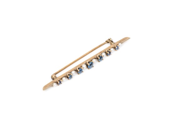 14k Gold Beautiful Vintage Sapphire And Seed Pearl Bar Pin, App. 0.50 TCW