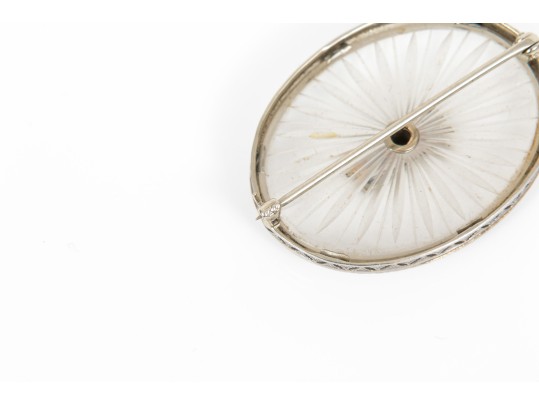 14k White Gold Beautiful Vintage Rock Crystal Quartz And Diamond Brooch