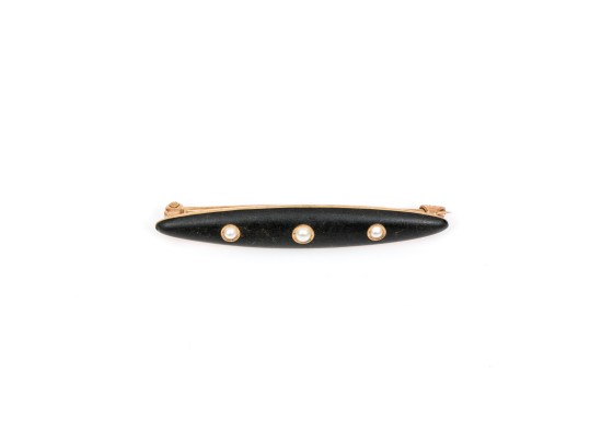 14k Yellow Gold Handsome Vintage Black Enamel And Seed Pearl Bar Pin