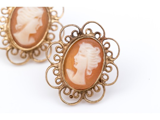 14k Yellow Gold Collection Of Filigree Framed Earrings, Including Cameo And Cz Set
