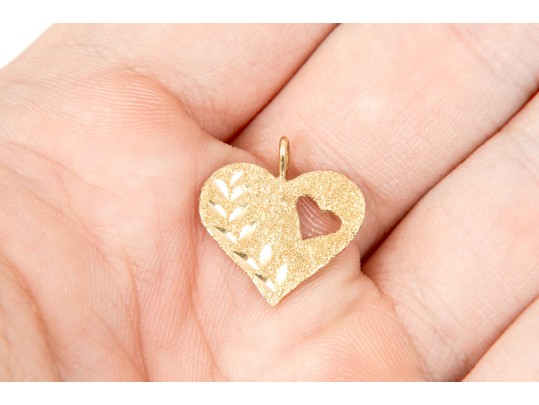 14k Yellow Gold Striking Diamond Cut And Sandblasted Finished Heart Charm
