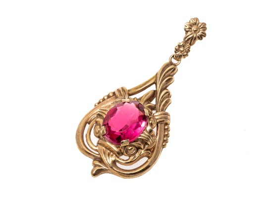 10k Yellow Gold Vintage Foliate And Swirl Pendant, With Glass