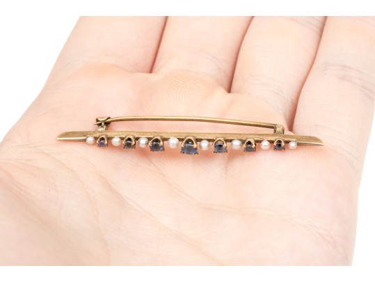 14k Gold Beautiful Vintage Sapphire And Seed Pearl Bar Pin, App. 0.50 TCW