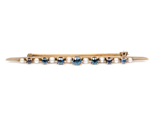 14k Gold Beautiful Vintage Sapphire And Seed Pearl Bar Pin, App. 0.50 TCW