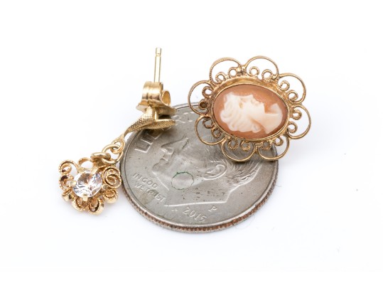 14k Yellow Gold Collection Of Filigree Framed Earrings, Including Cameo And Cz Set