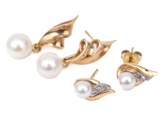 14k And 10k Gold Set Of Cultured Pearl Earrings